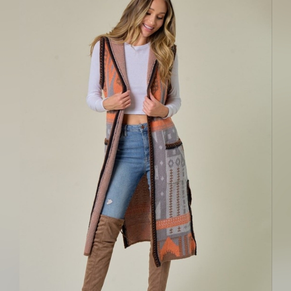 Women's Patterned Long Vest in Orange and Gray - Picture 3 of 10